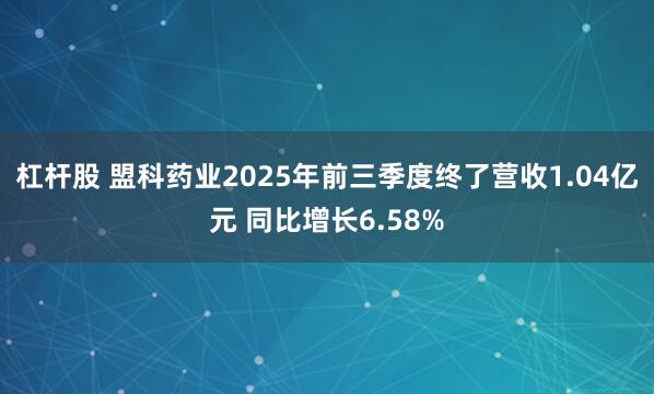 杠杆股 盟科药业2025年前三季度终了营收1.04亿元 同比增长6.58%
